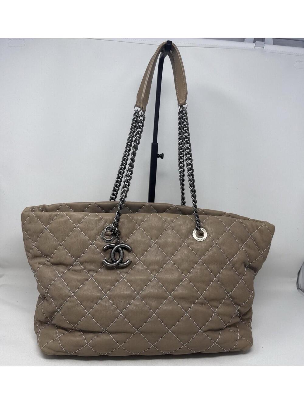 Chanel Quilted Tote Bag Taupe Wildstitch Calfskin COA